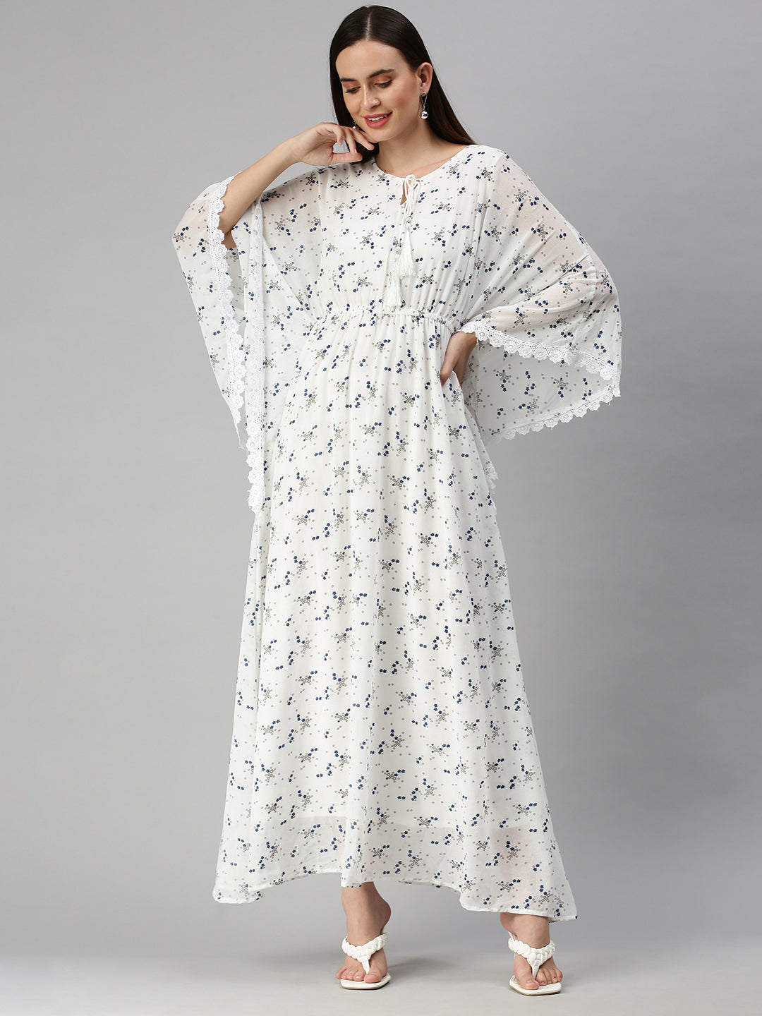 Women Printed Kaftan White Dress