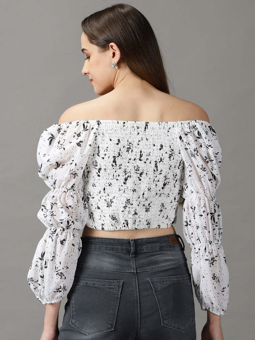 Women's White Floral Print Off-Shoulder Bardot Crop Top