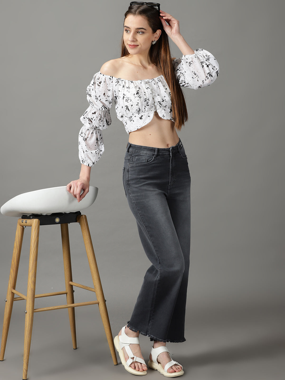 Women's White Floral Print Off-Shoulder Bardot Crop Top