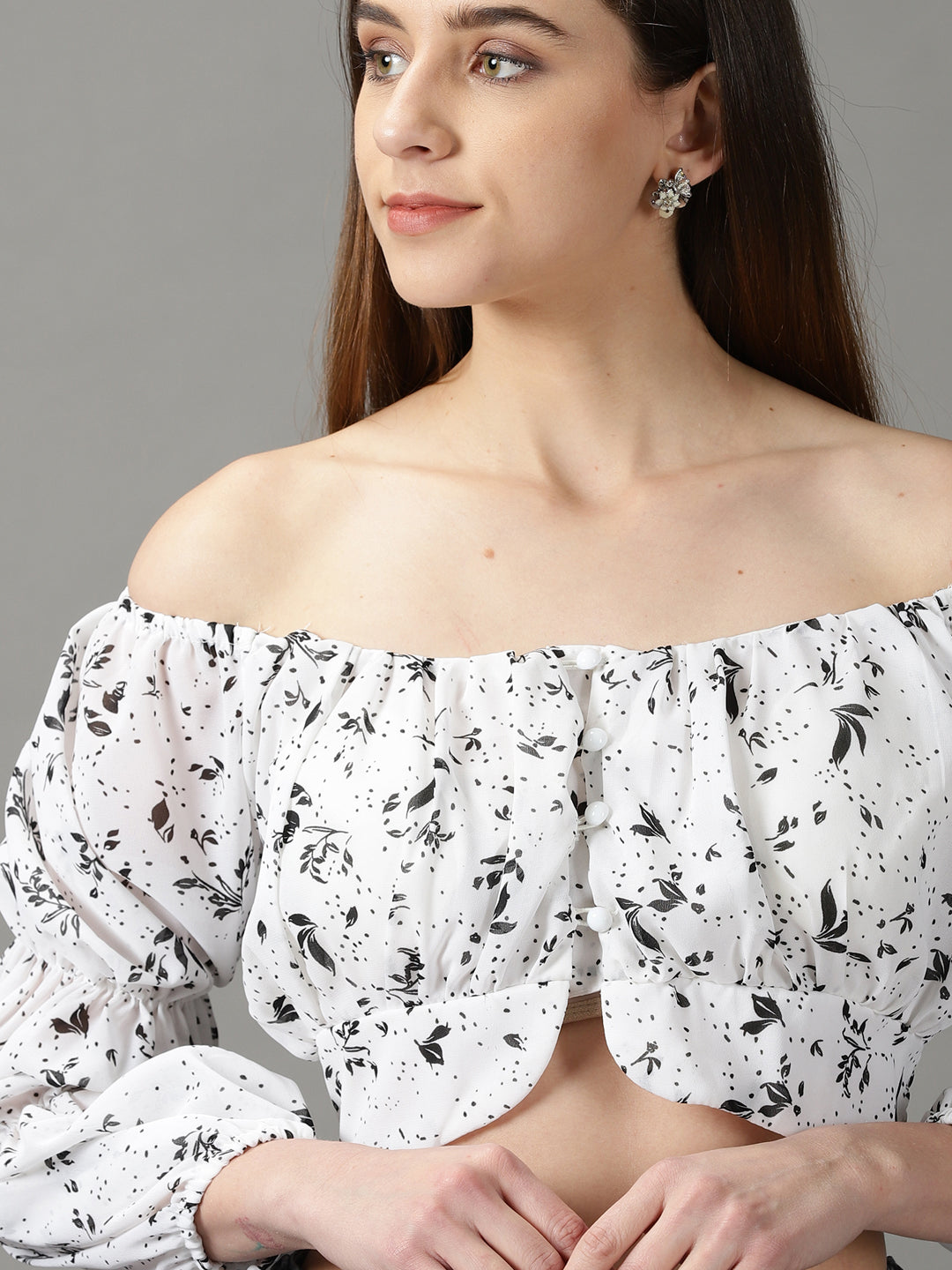 Women's White Floral Print Off-Shoulder Bardot Crop Top