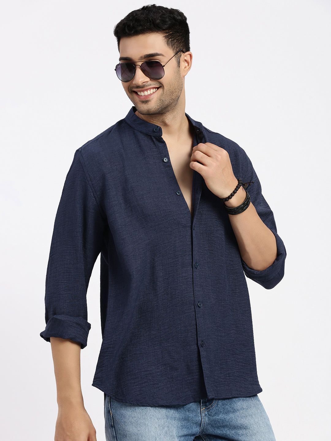 Men Navy Blue Solid Slim Fit Shirt