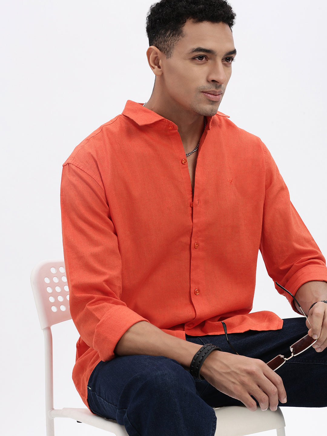 Men Orange Solid Slim Fit Shirt