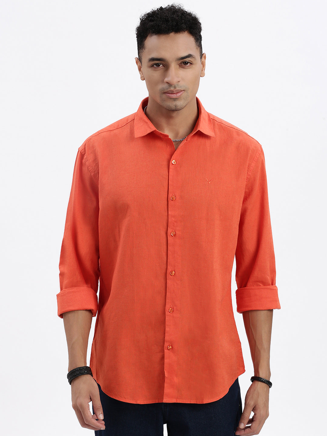 Men Orange Solid Slim Fit Shirt