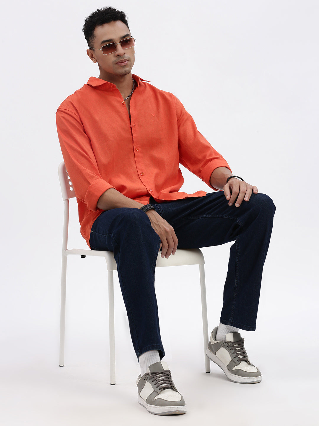 Men Orange Solid Slim Fit Shirt