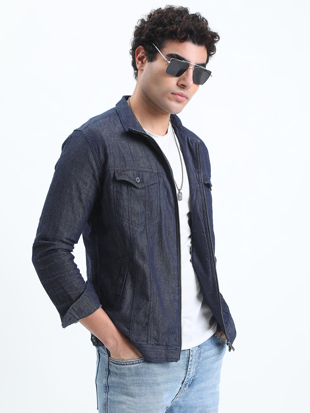Men's Navy Blue Denim Open Front Zipper Jacket