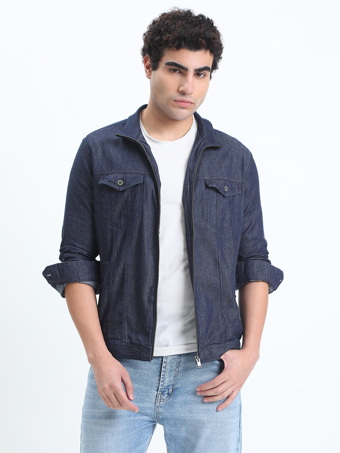 Men's Navy Blue Denim Open Front Zipper Jacket