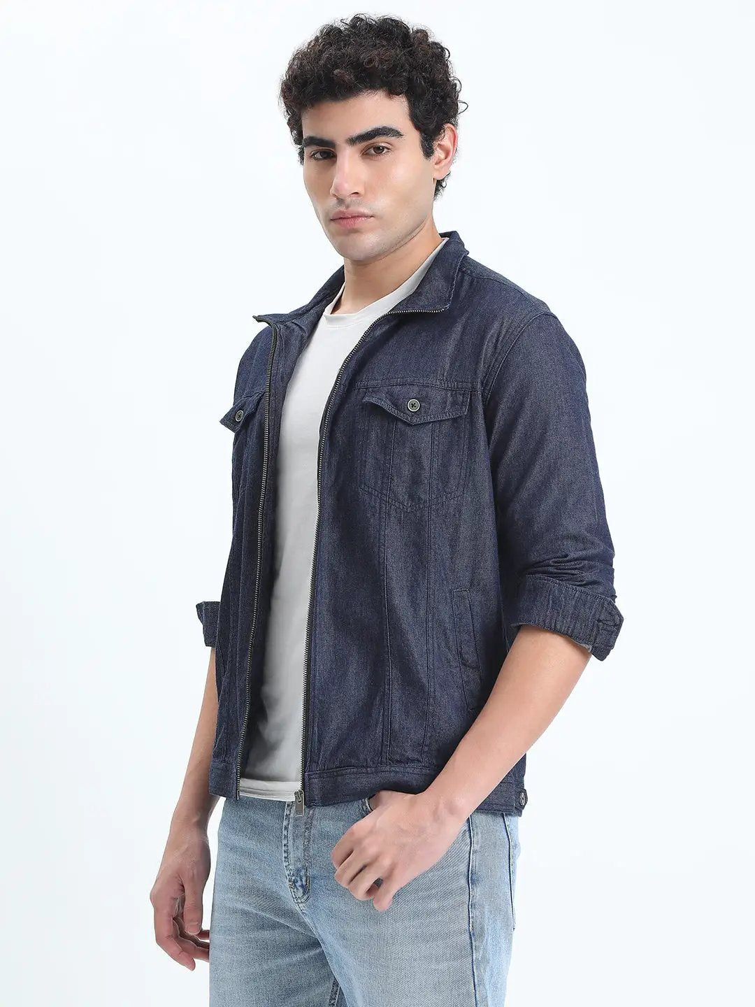 Men's Navy Blue Denim Open Front Zipper Jacket - Uncategorized from SHOWOFFFF