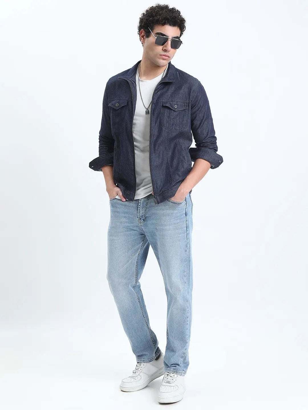 Men's Navy Blue Denim Open Front Zipper Jacket - Uncategorized from SHOWOFFFF