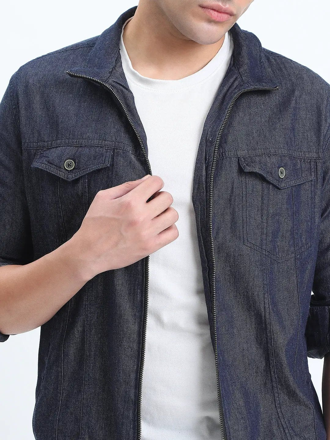 Men's Navy Blue Denim Open Front Zipper Jacket - Uncategorized from SHOWOFFFF