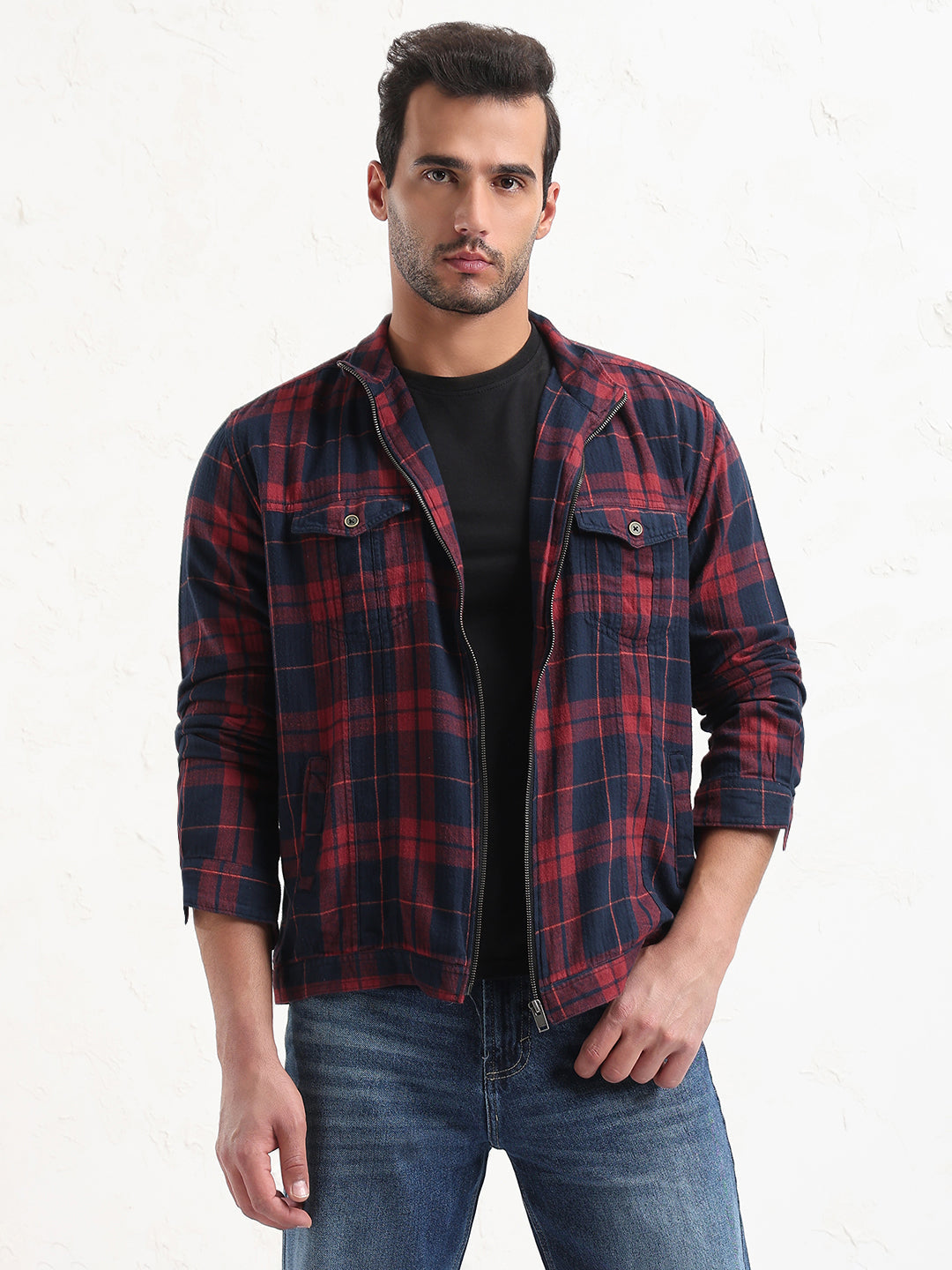 Men's Red Checked Slim Fit Shacket