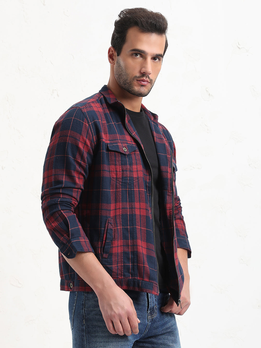 Men's Red Checked Slim Fit Shacket