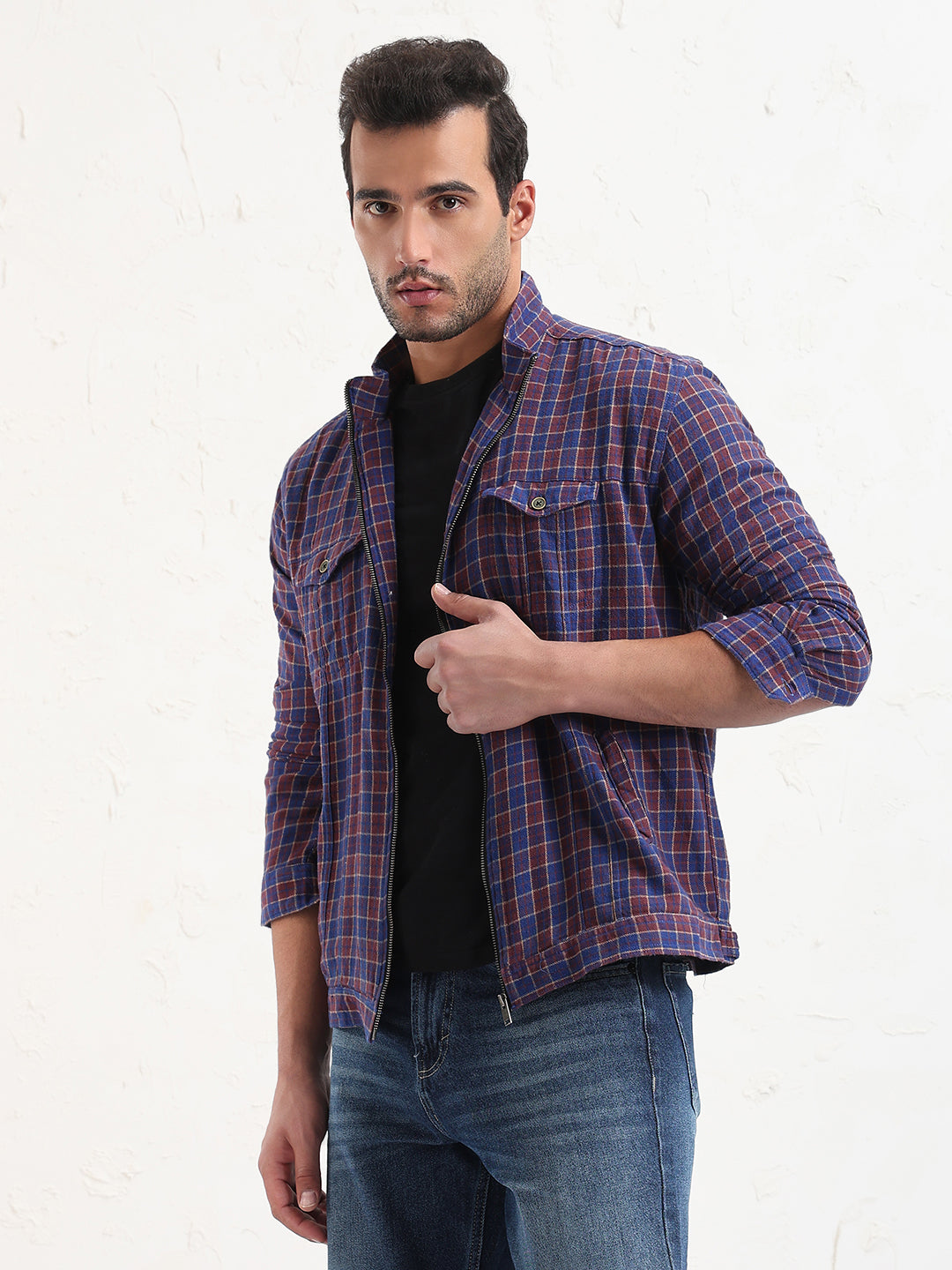 Men's Blue Checked Slim Fit Shacket