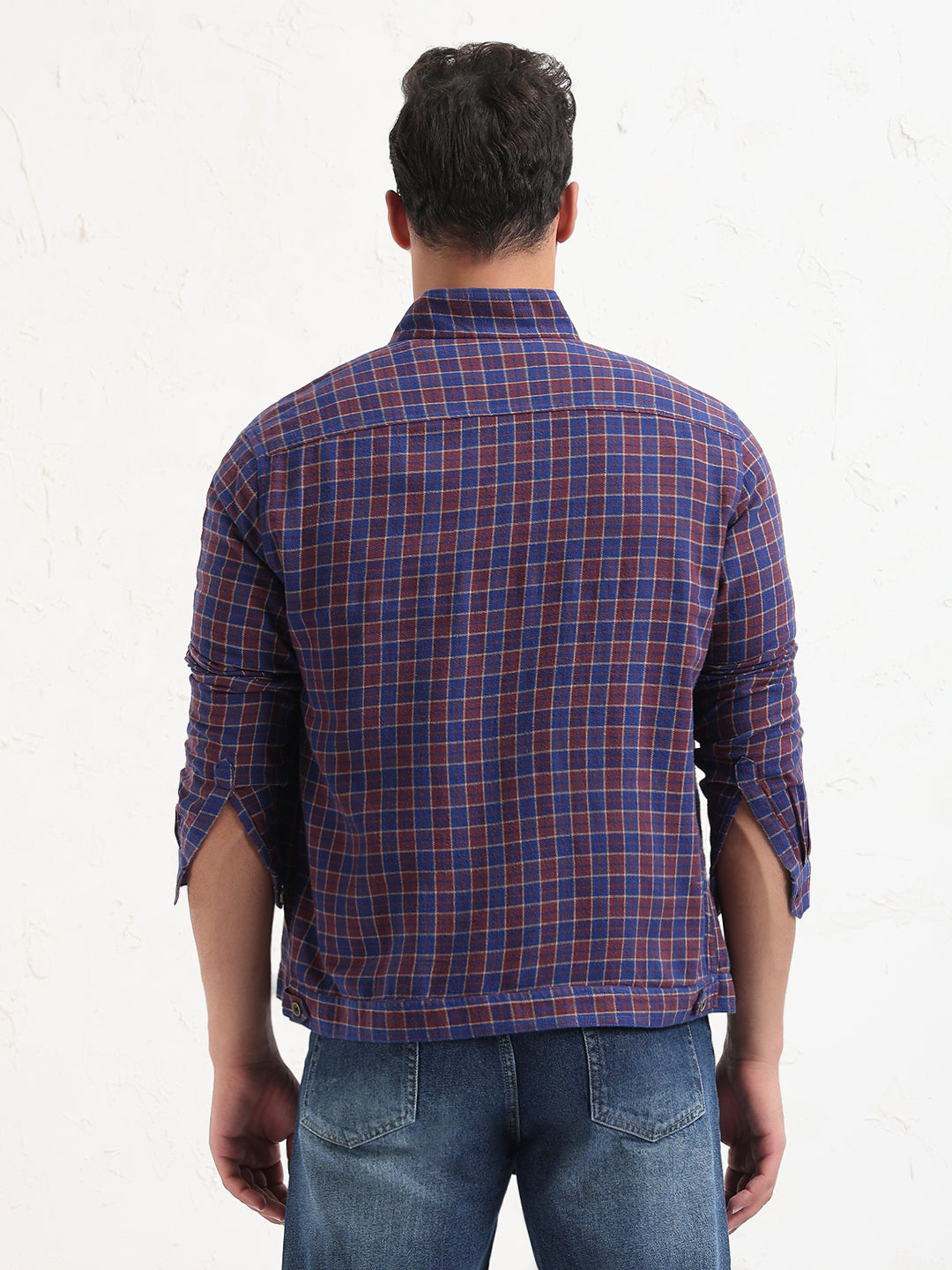 Men's Blue Checked Slim Fit Shacket