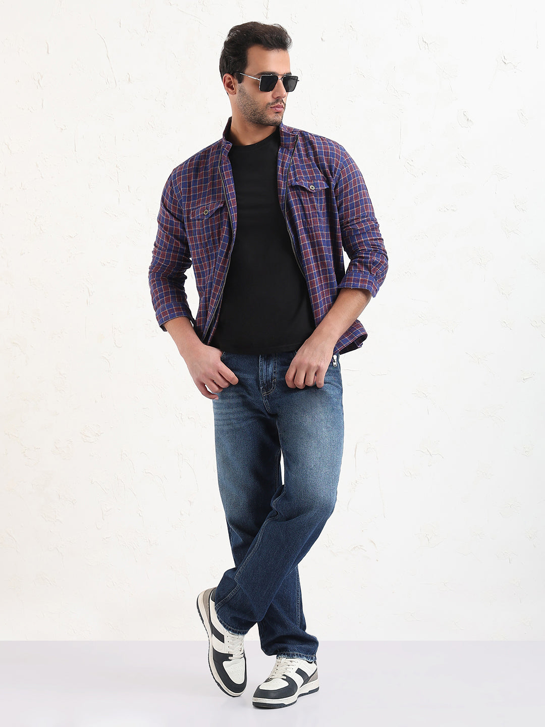 Men's Blue Checked Slim Fit Shacket