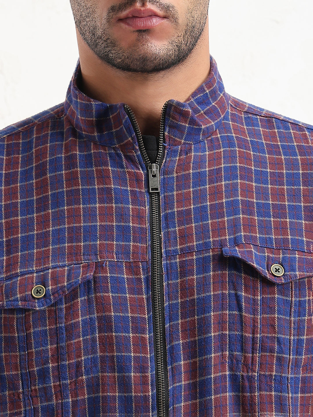 Men's Blue Checked Slim Fit Shacket