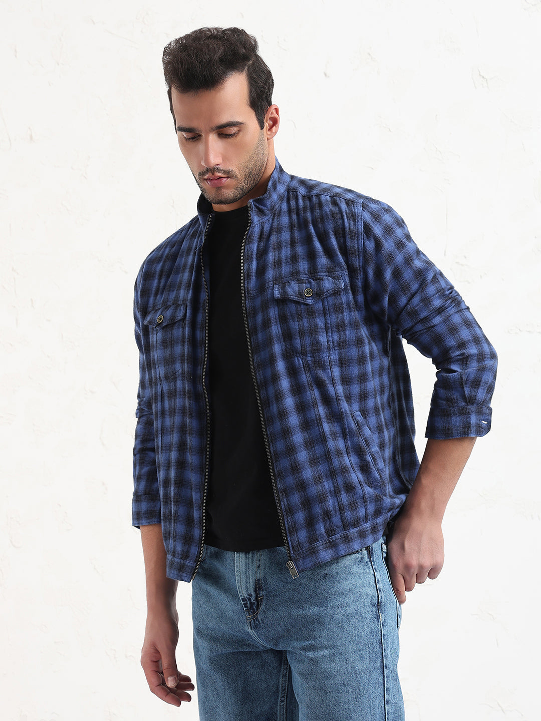 Men's Blue Checked Slim Fit Shacket
