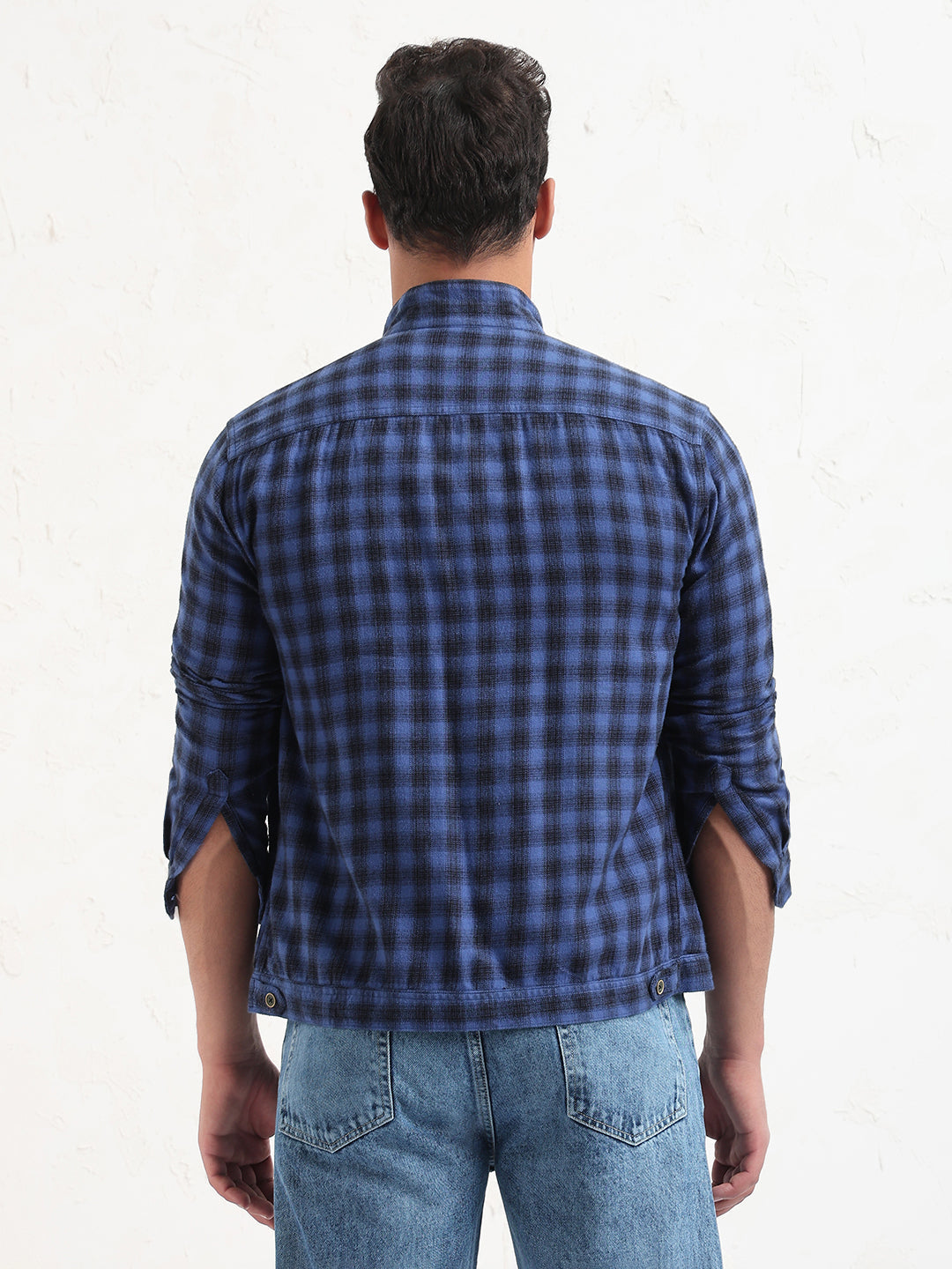 Men's Blue Checked Slim Fit Shacket