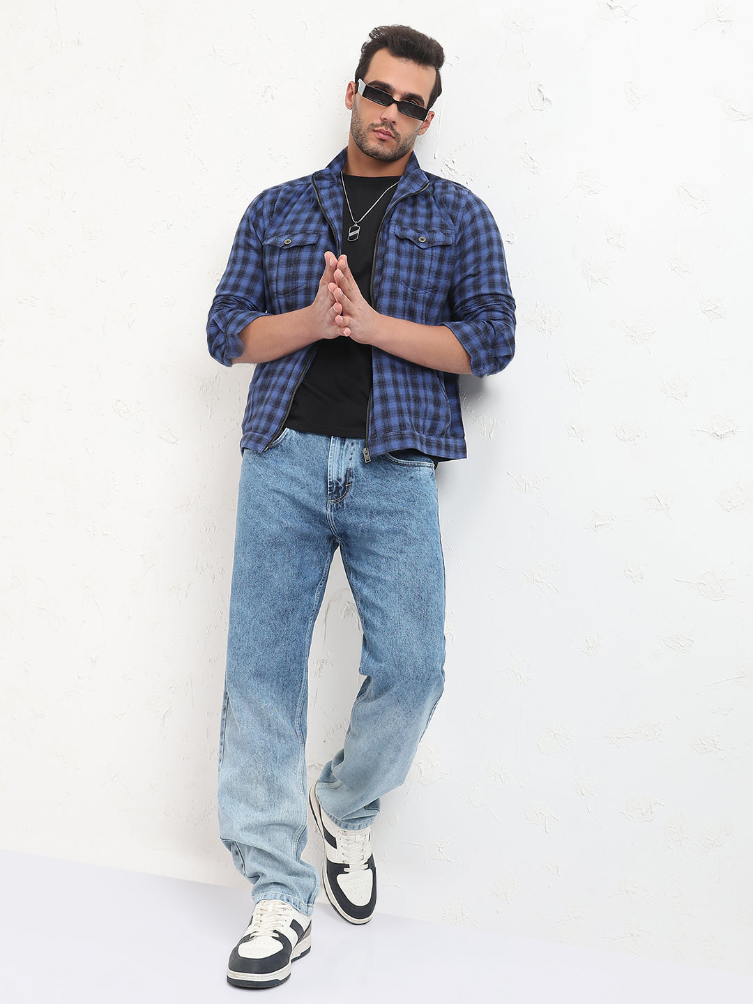 Men's Blue Checked Slim Fit Shacket