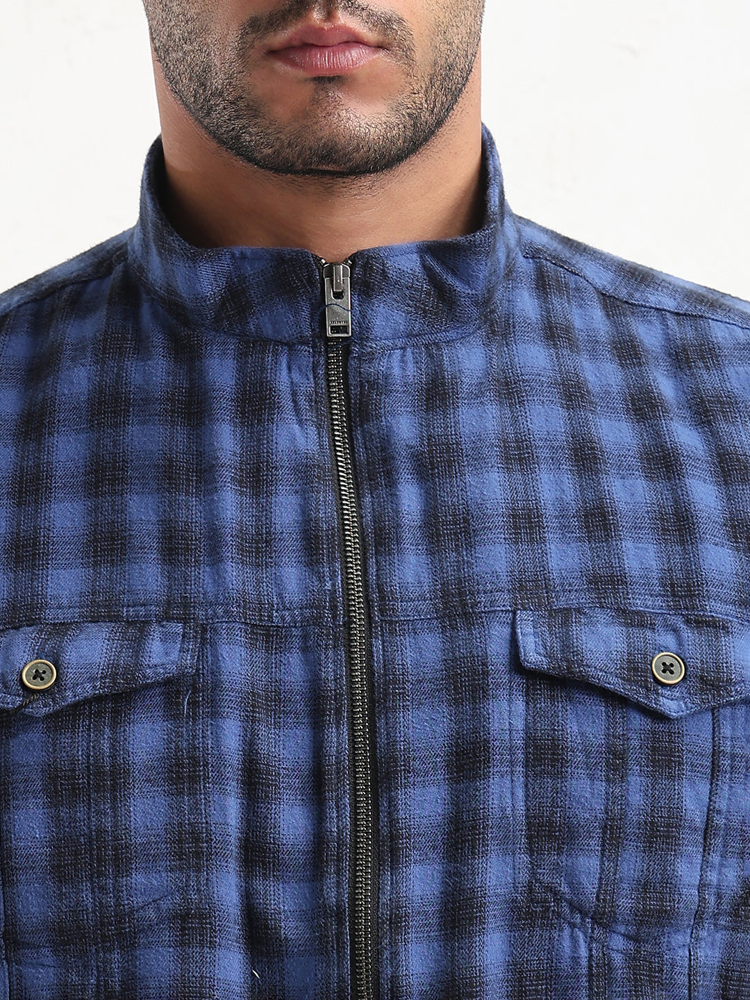 Men's Blue Checked Slim Fit Shacket