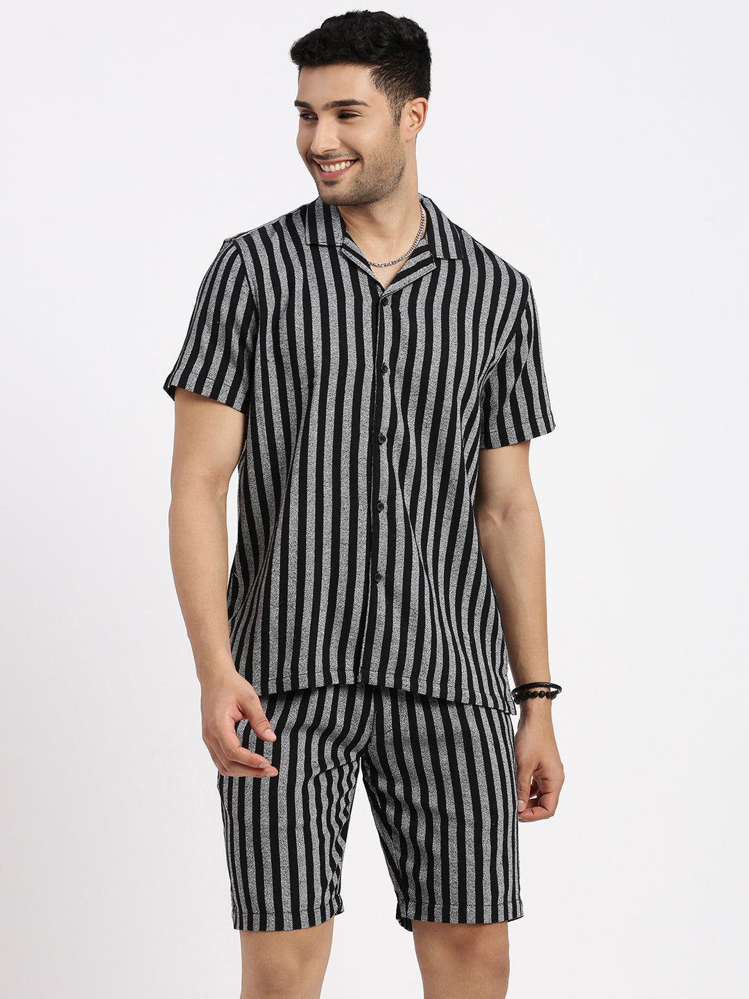 Men Black Striped Co Ords Set