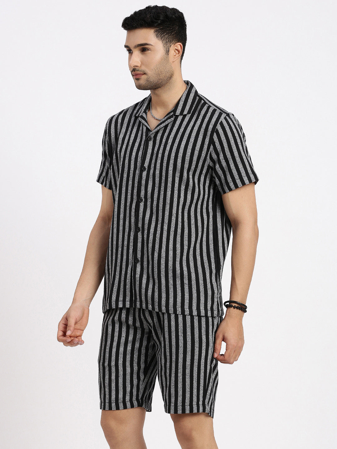 Men Black Striped Co Ords Set