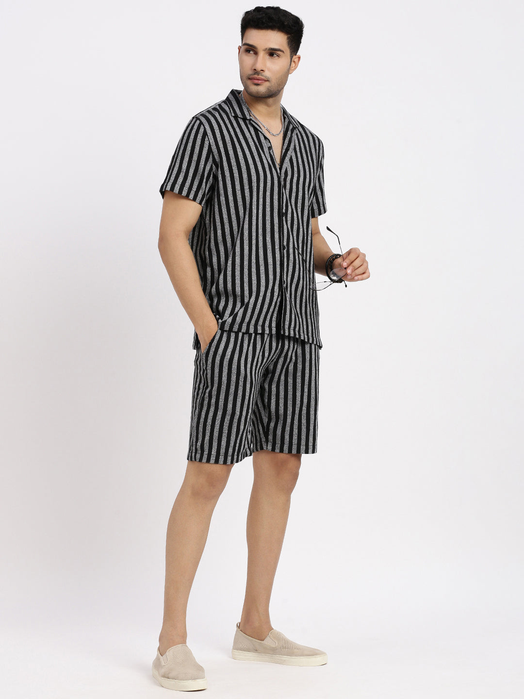 Men Black Striped Co Ords Set