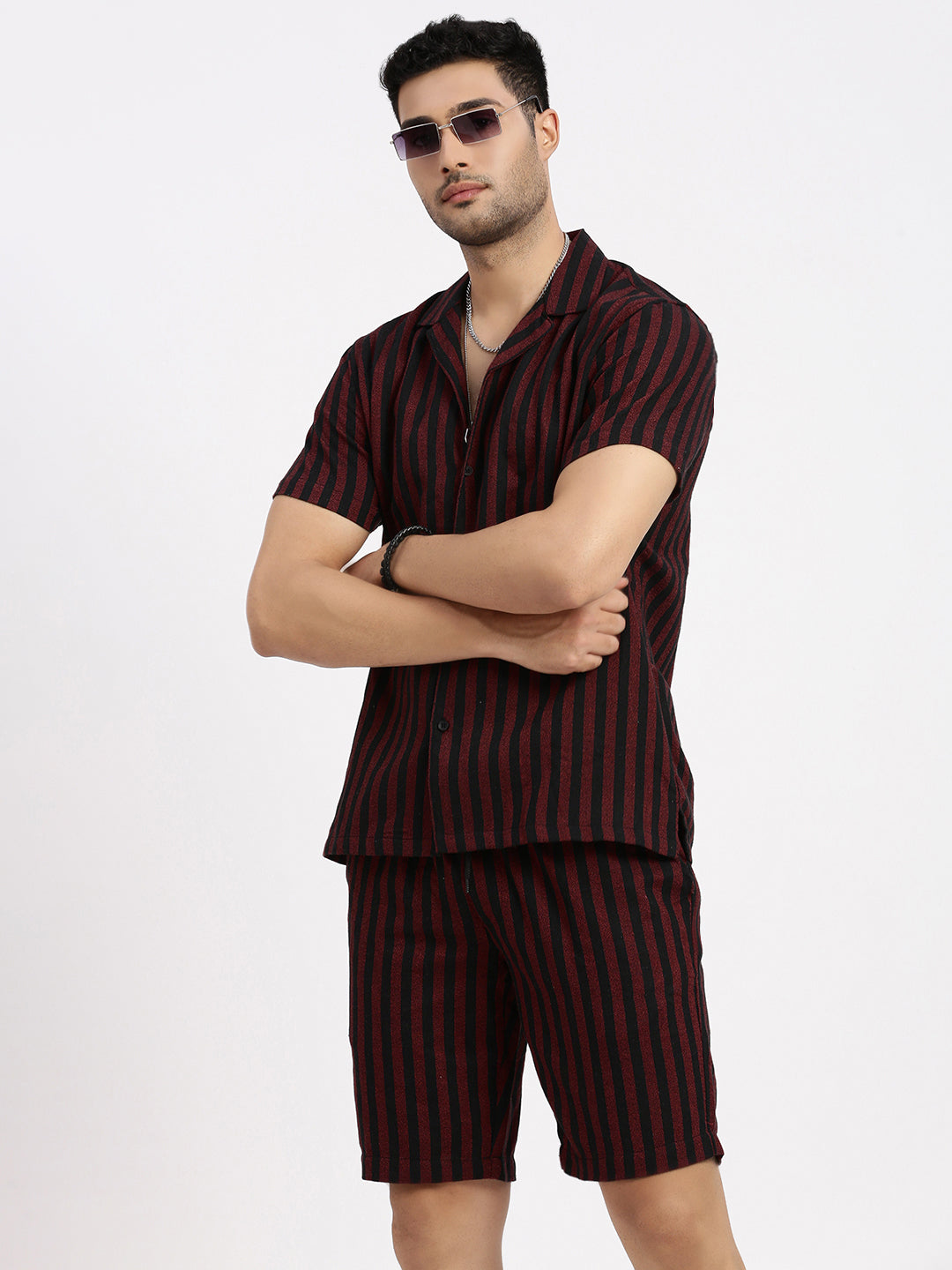 Men Red Striped Co Ords Set