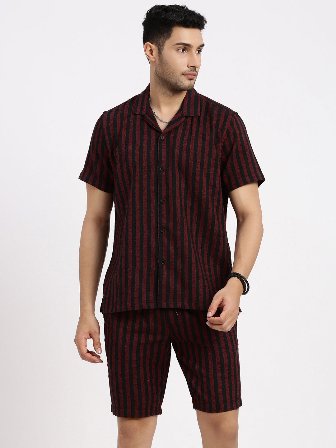 Men Red Striped Co Ords Set