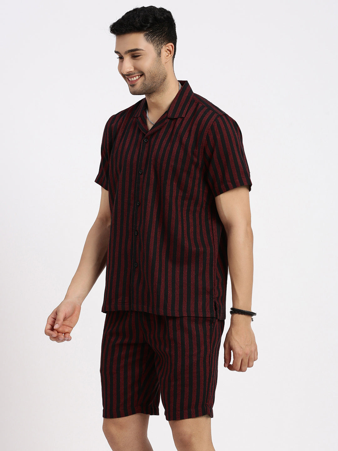 Men Red Striped Co Ords Set