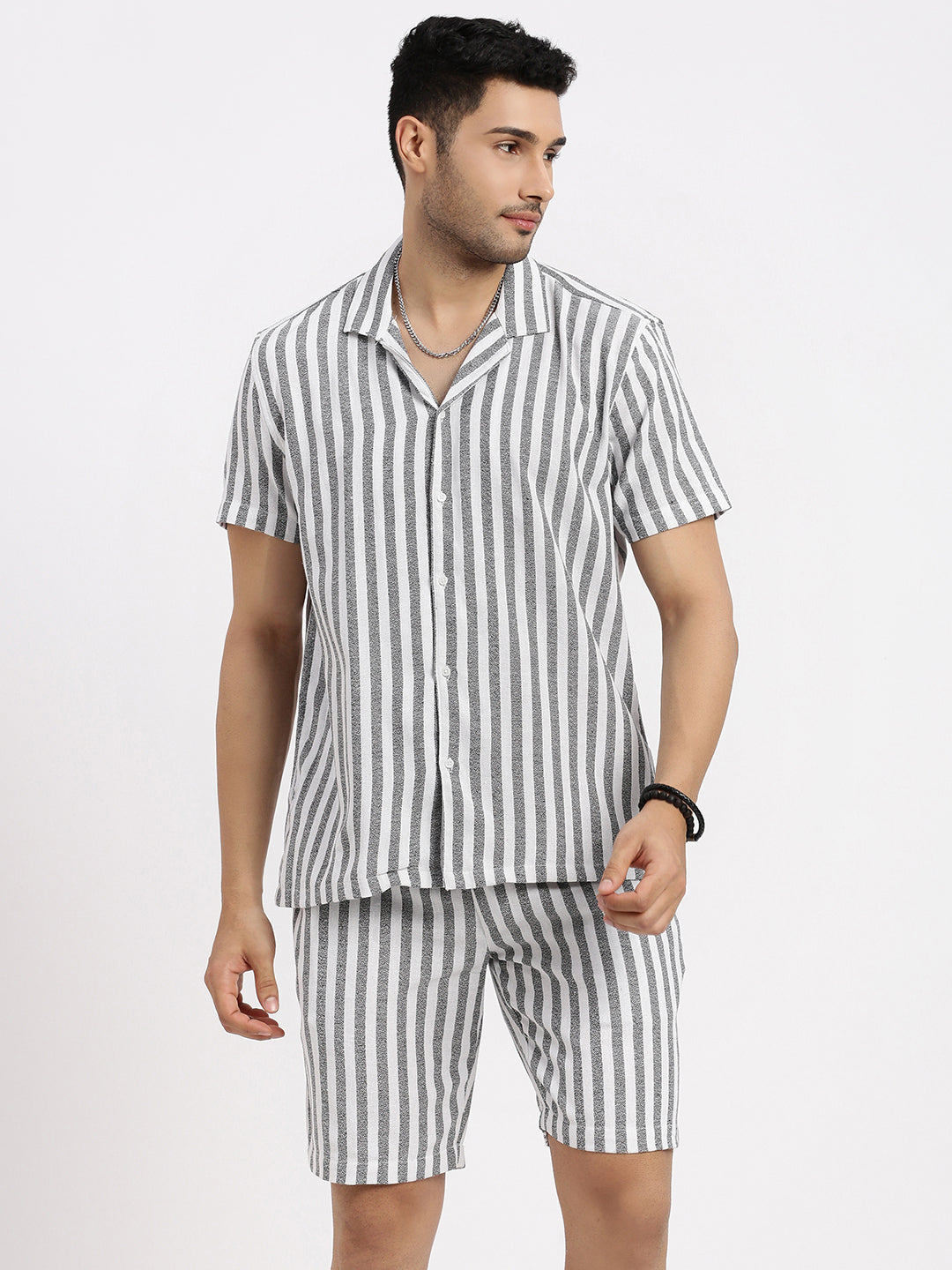 Men White Striped Co Ords Set