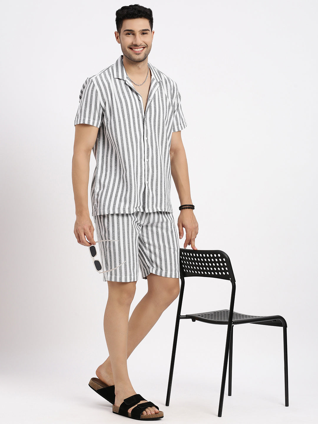 Men White Striped Co Ords Set