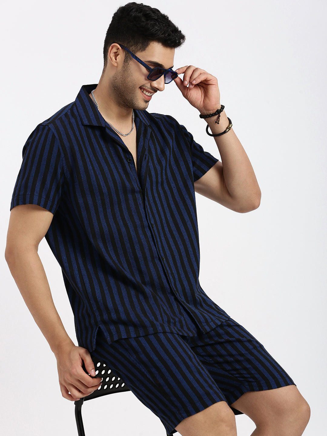 Men Navy Blue Striped Co Ords Set