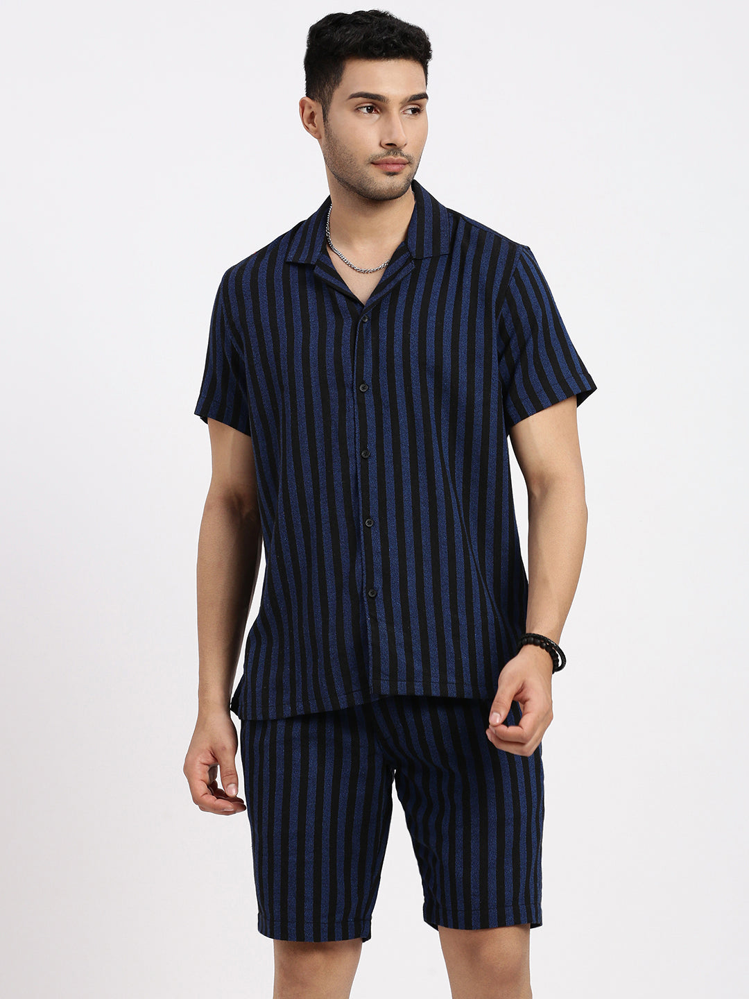 Men Navy Blue Striped Co Ords Set