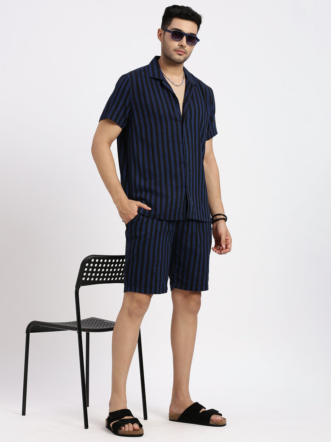 Men Navy Blue Striped Co Ords Set