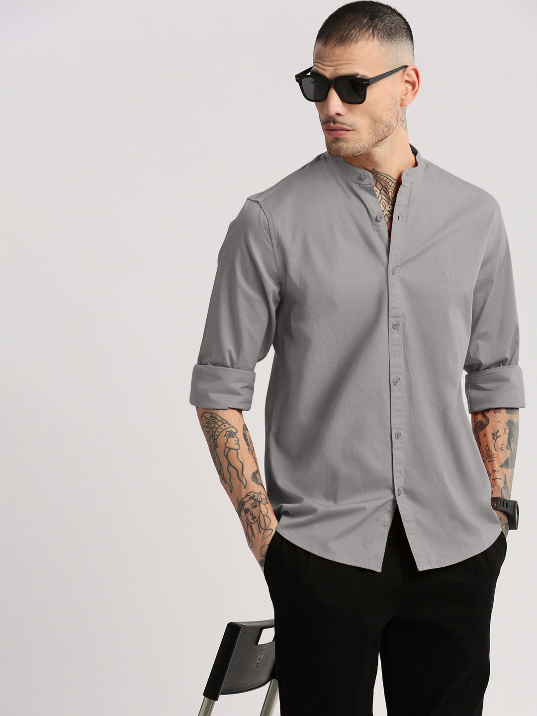 Men's Grey Mandarin Collar Long Sleeves Shirt