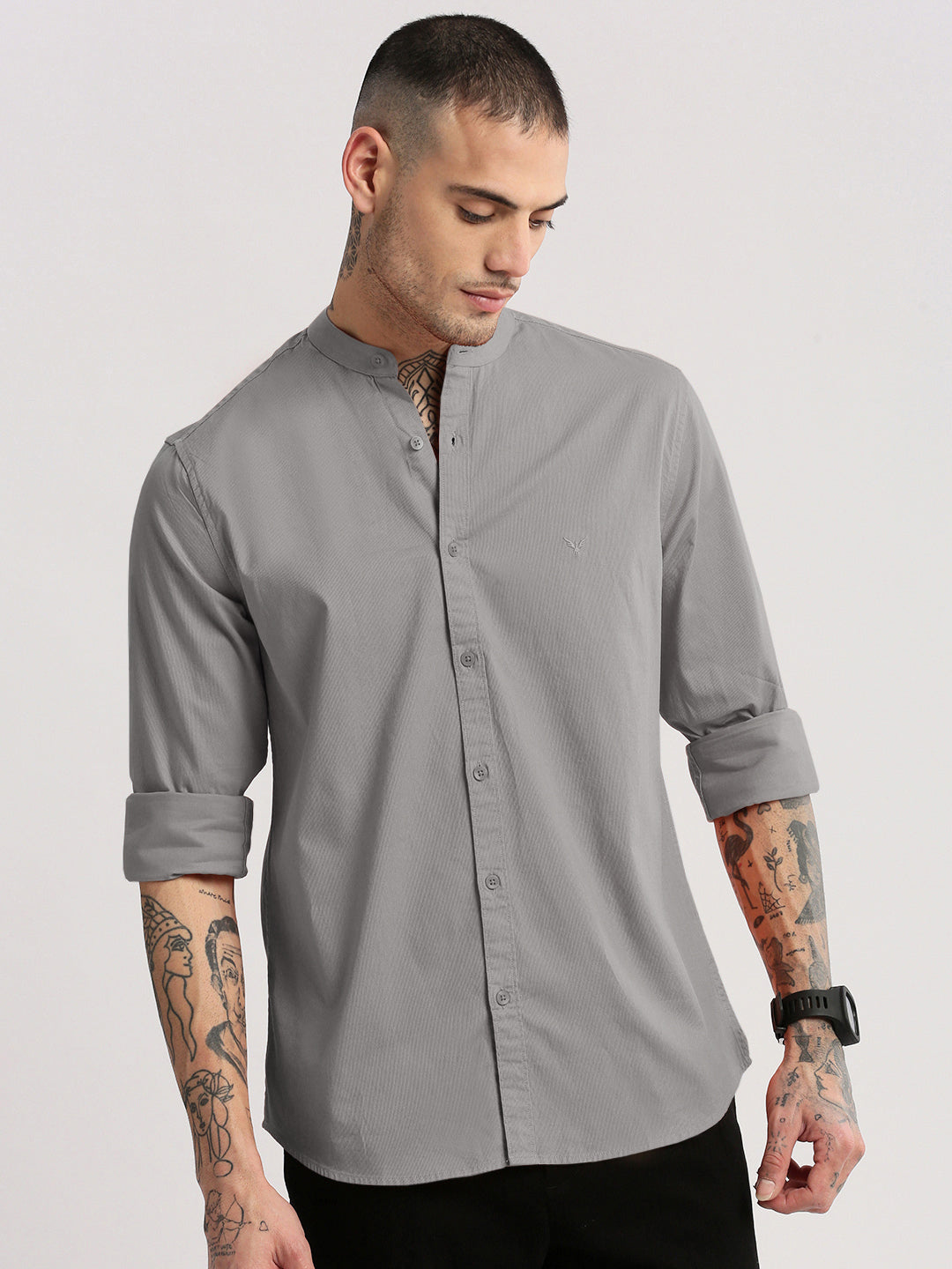 Men's Grey Mandarin Collar Long Sleeves Shirt
