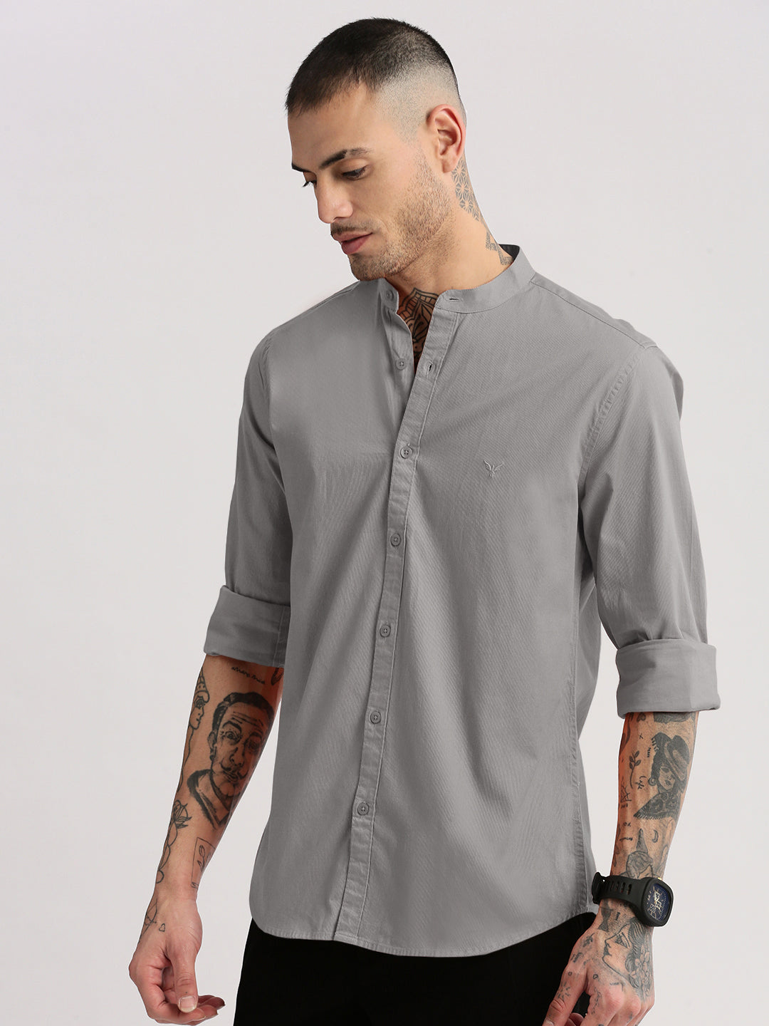 Men's Grey Mandarin Collar Long Sleeves Shirt
