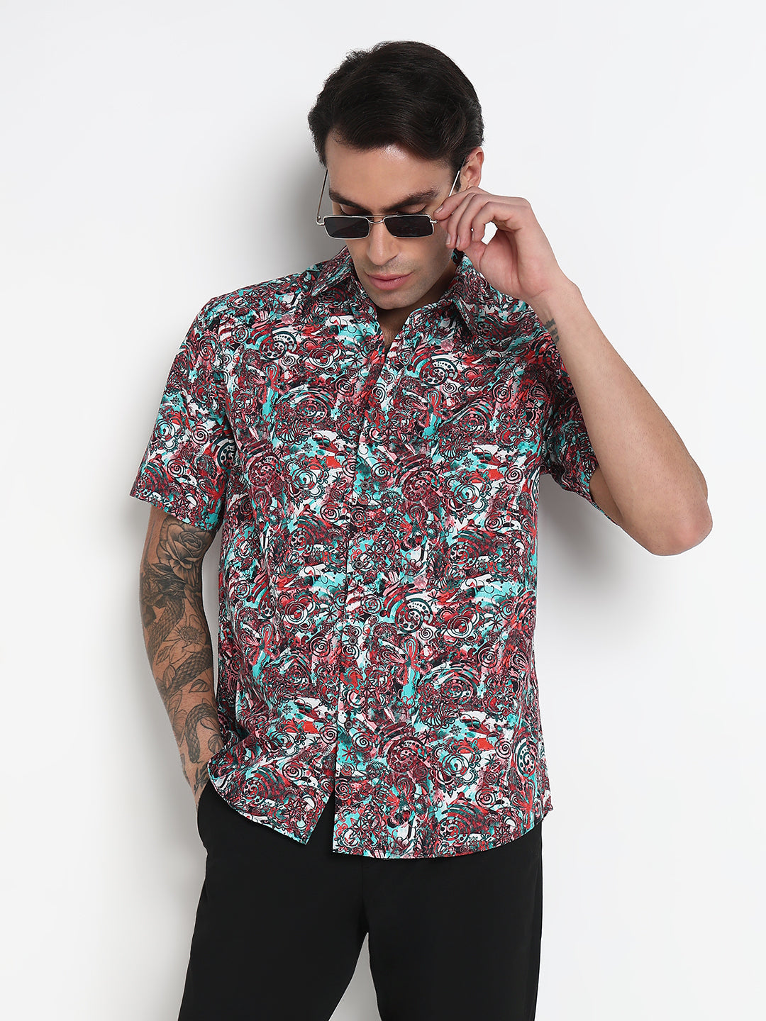 Men's Multi Abstract Spread Collar Slim Fit Shirt