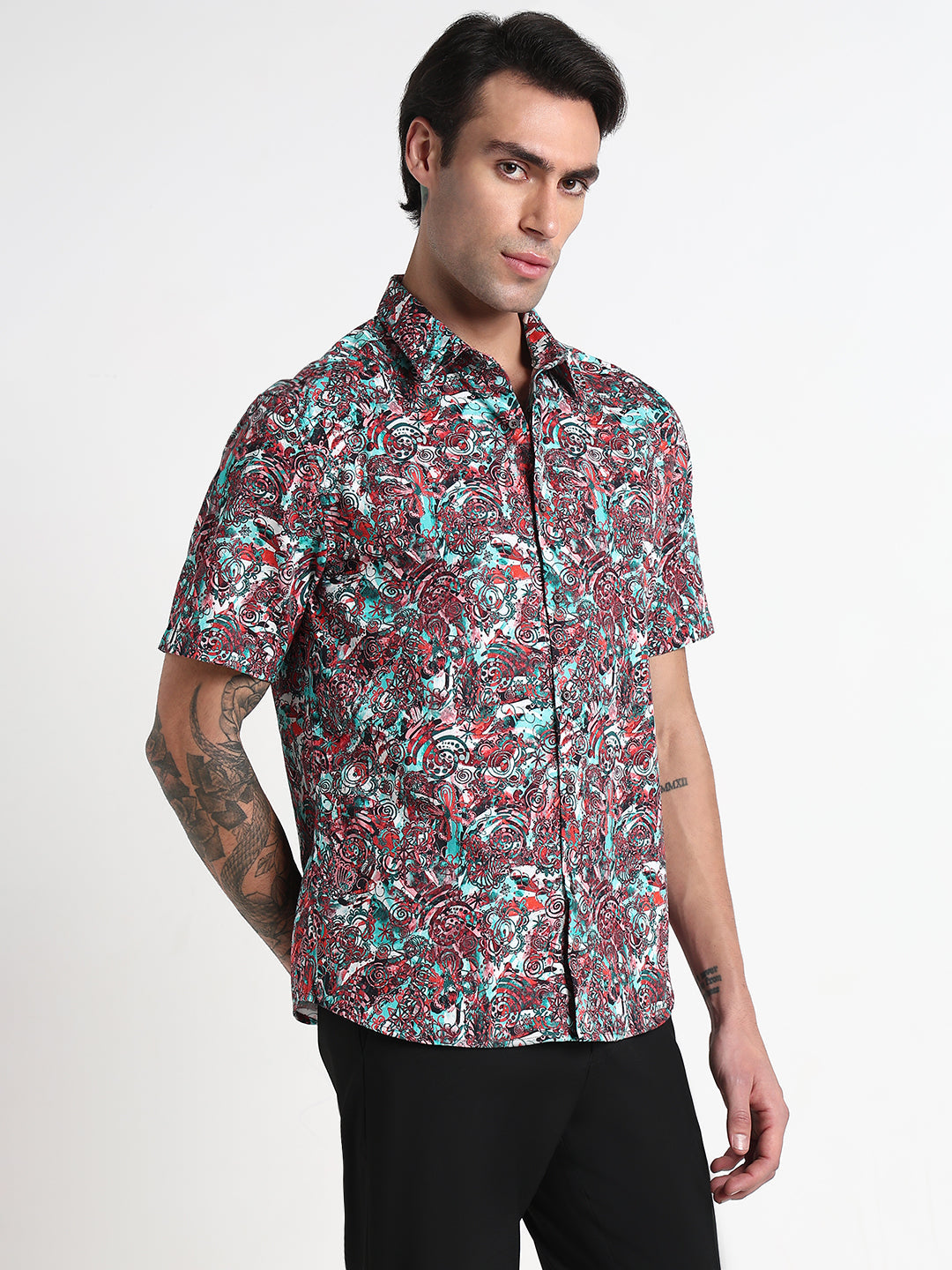 Men's Multi Abstract Spread Collar Slim Fit Shirt