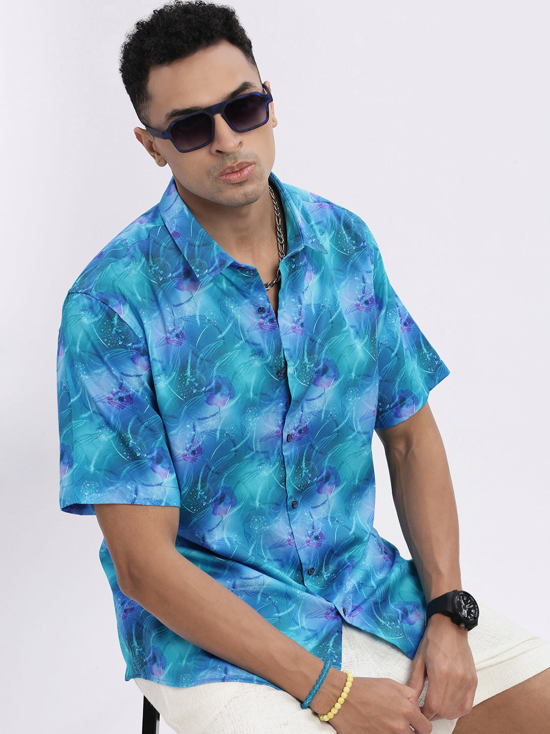 Men Blue Abstract Slim Fit Shirt