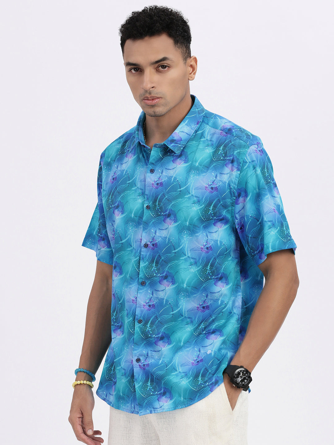 Men Blue Abstract Slim Fit Shirt