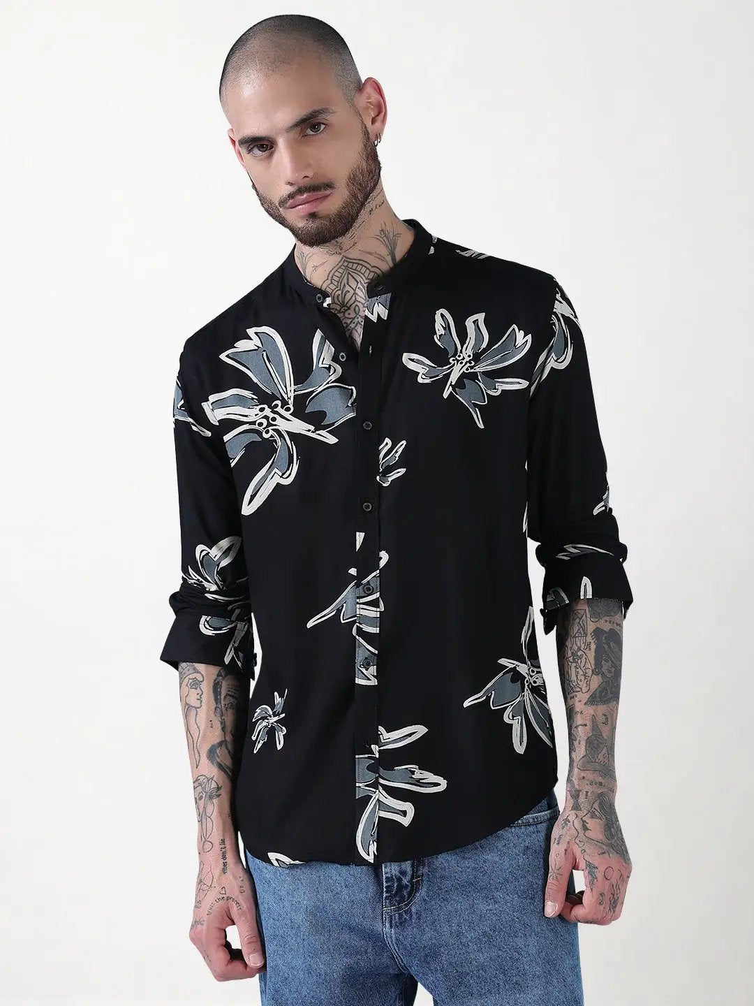 Men's Black Floral Mandarin Collar Slim Fit Long Sleeves Shirt - Uncategorized from SHOWOFFFF