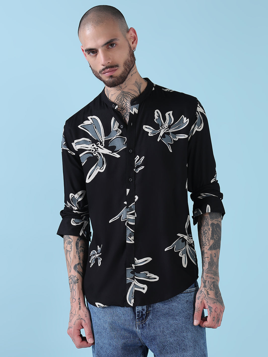 Men's Black Floral Mandarin Collar Slim Fit Long Sleeves Shirt