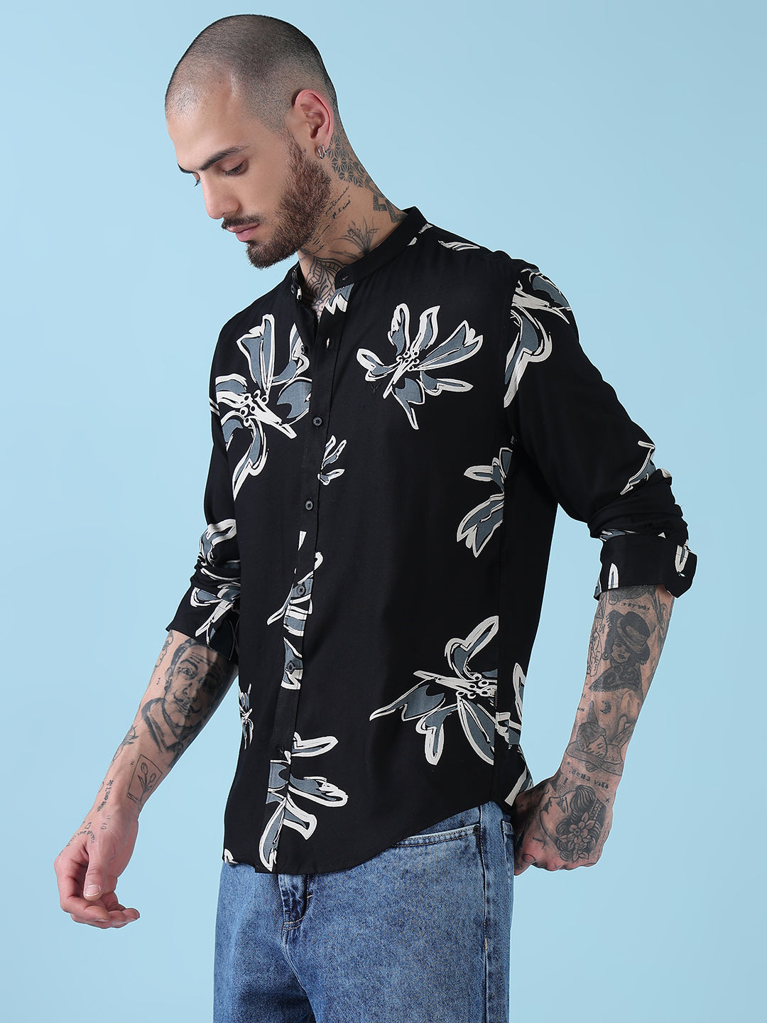 Men's Black Floral Mandarin Collar Slim Fit Long Sleeves Shirt