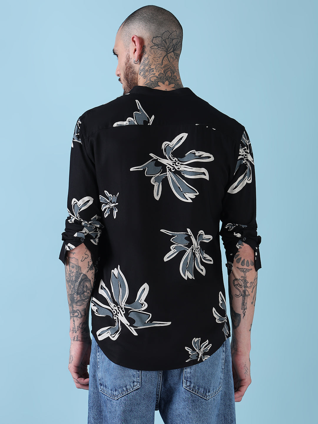 Men's Black Floral Mandarin Collar Slim Fit Long Sleeves Shirt