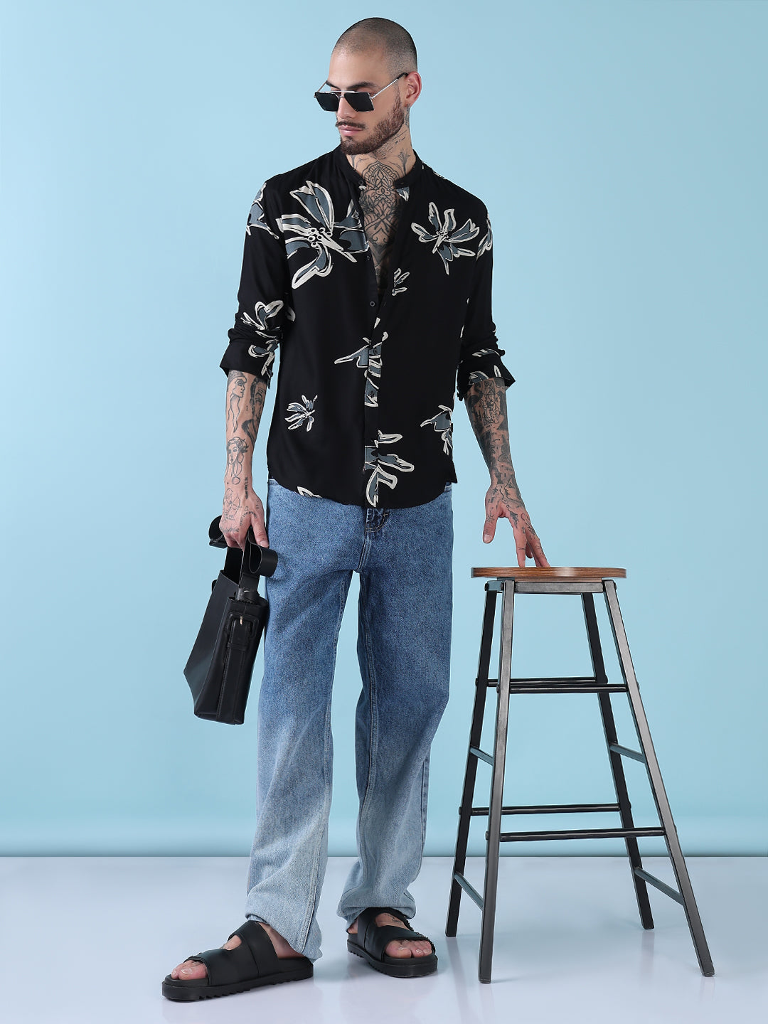 Men's Black Floral Mandarin Collar Slim Fit Long Sleeves Shirt