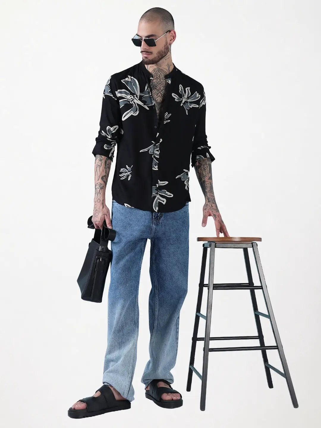 Men's Black Floral Mandarin Collar Slim Fit Long Sleeves Shirt - Uncategorized from SHOWOFFFF