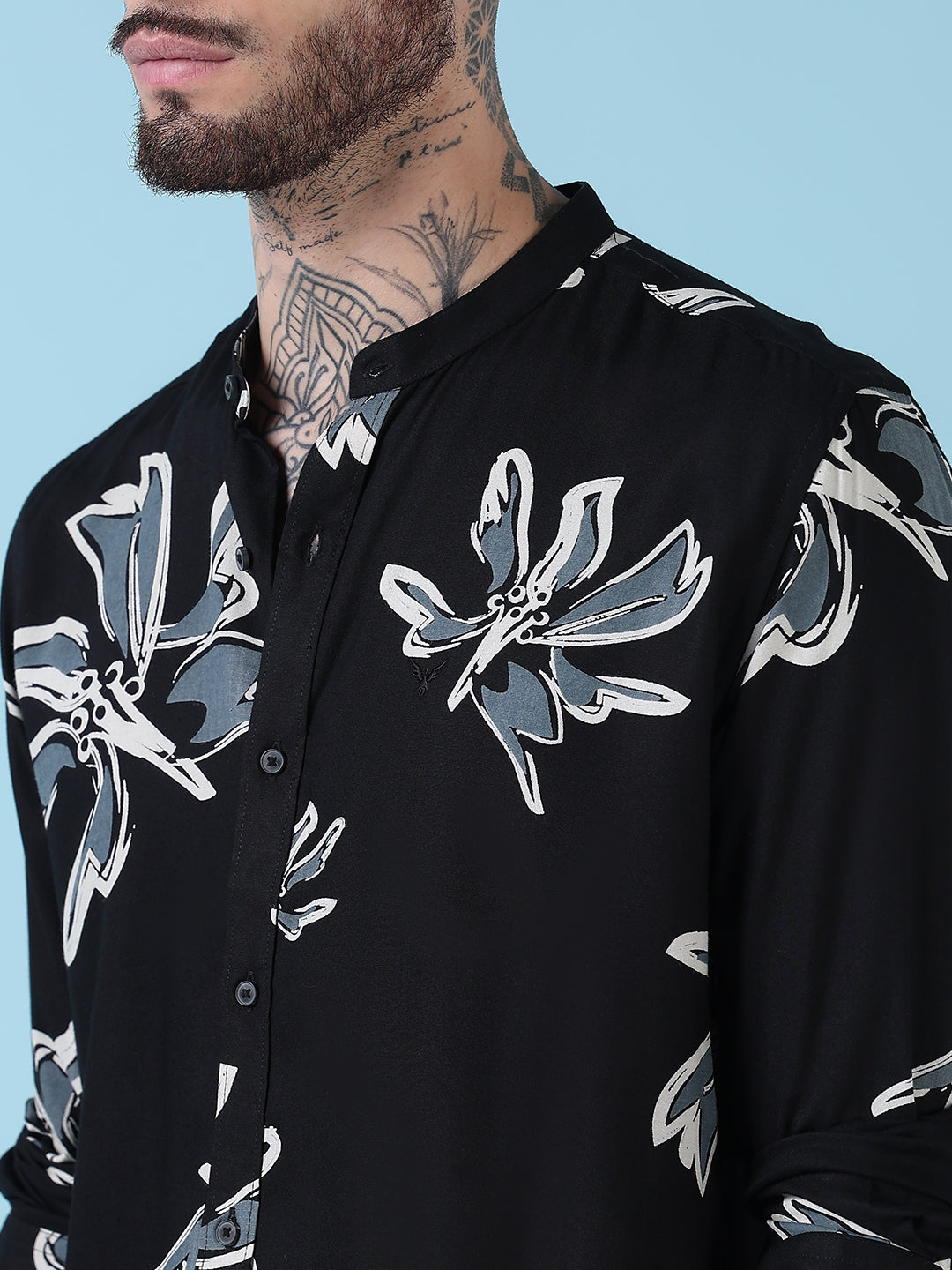 Men's Black Floral Mandarin Collar Slim Fit Long Sleeves Shirt