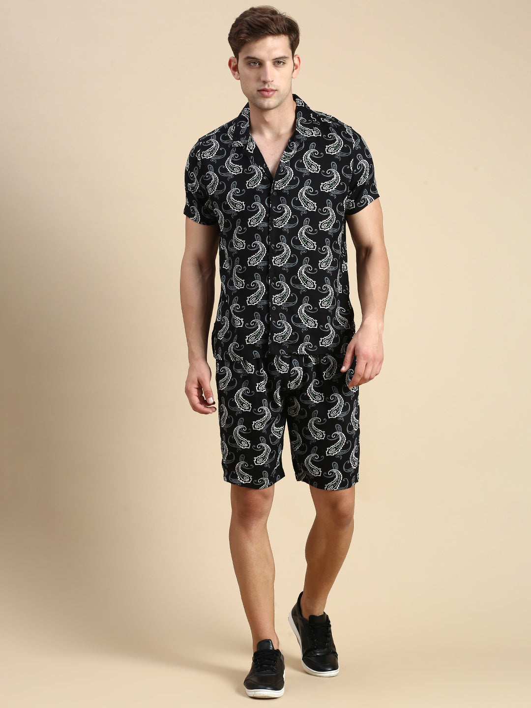 Men Cuban Collar Printed Black Co-Ords Set