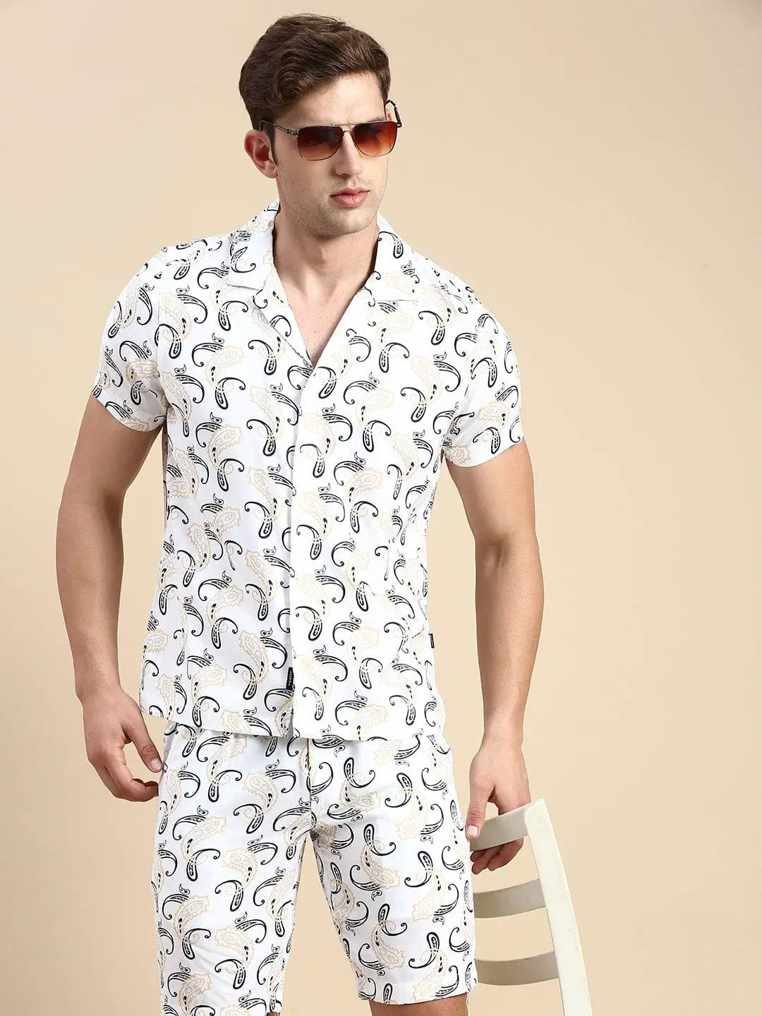 Men's Cuban Collar Printed Off White Co-Ords Set